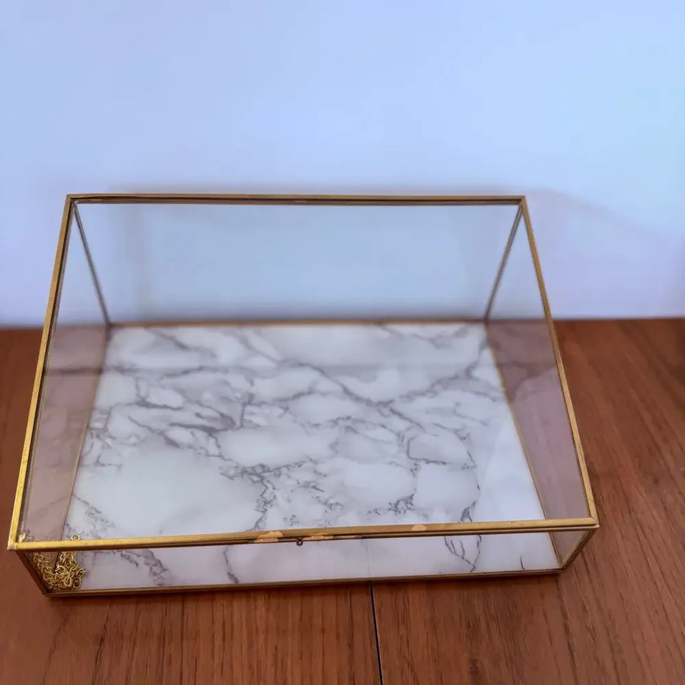 Glass Gold Display Box Lidded Faux Marble Chain Latch Trinket Jewelry 12 x 8